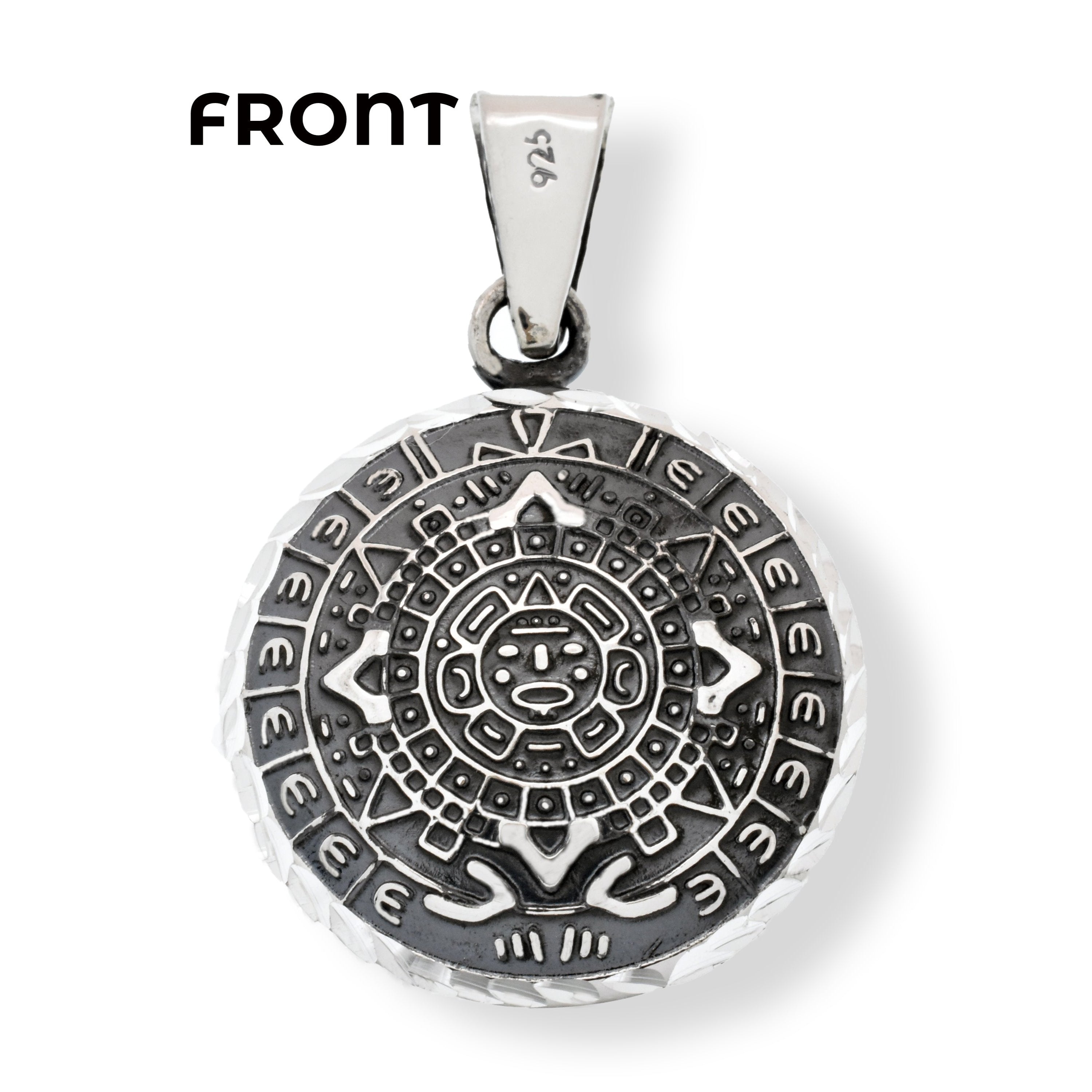 Oxidized 925 Sterling Silver Diamond Cut Puffed Aztec Mayan Calendar Double Sided Pendant - OXP00068
