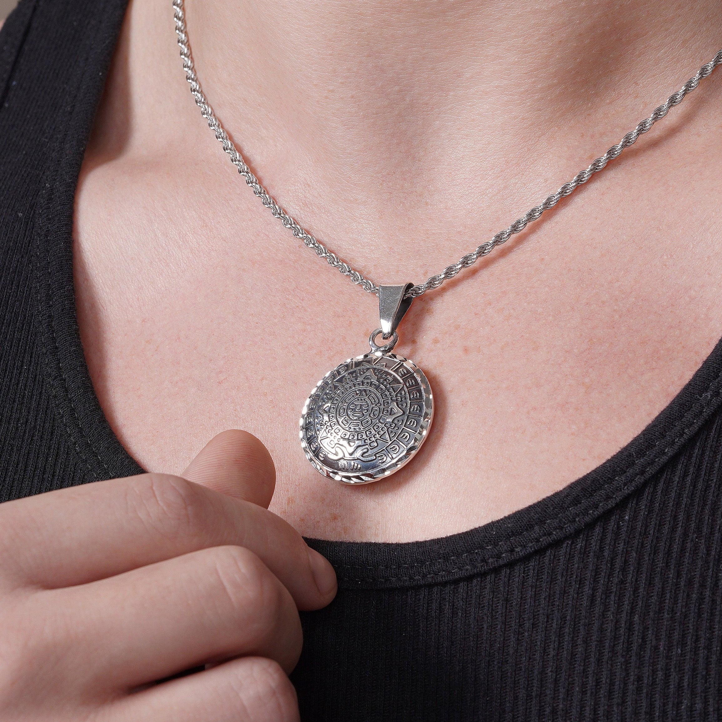 Oxidized 925 Sterling Silver Diamond Cut Puffed Aztec Mayan Calendar Double Sided Pendant - OXP00068