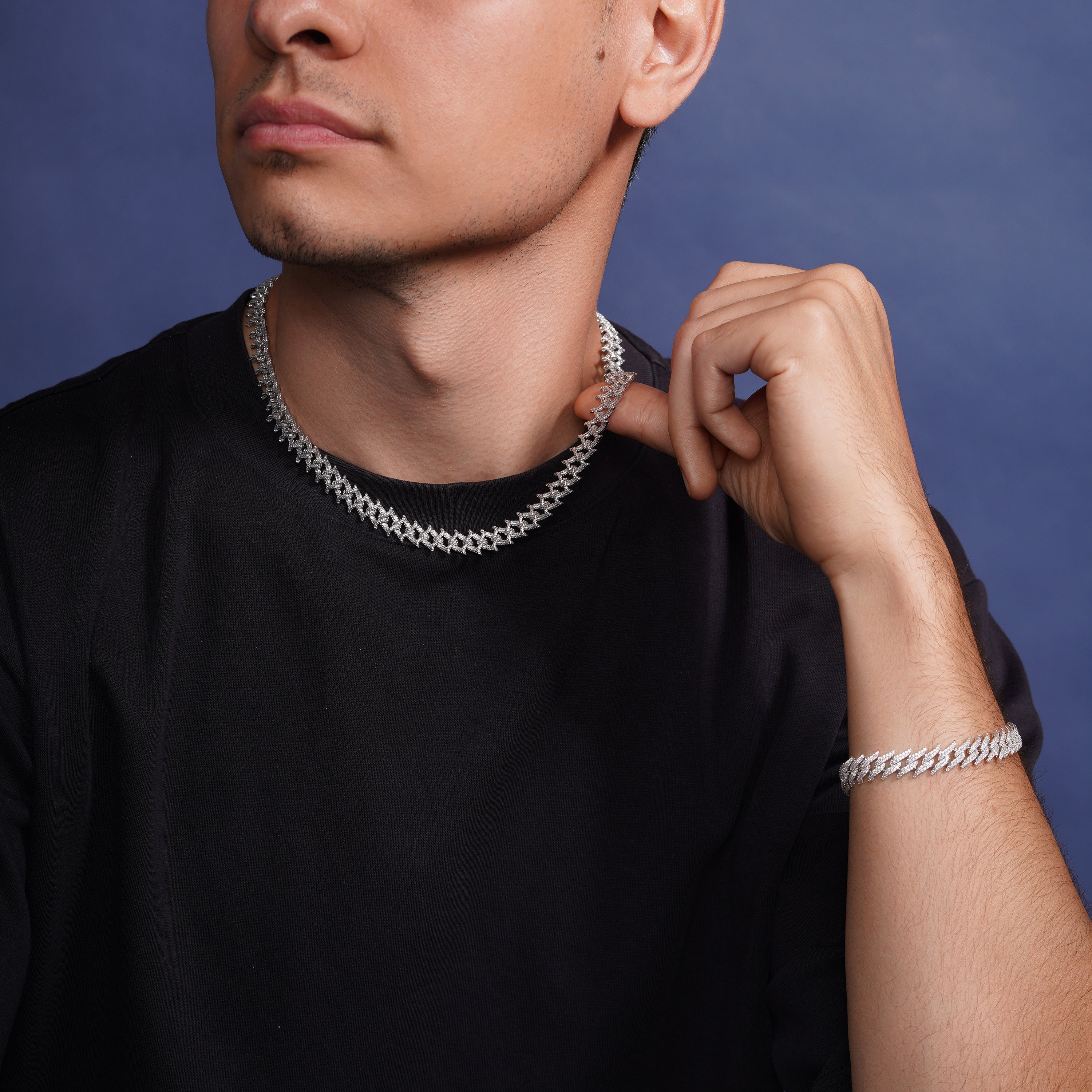 Rhodium Plated 925 Sterling Silver CZ Encrusted Spike Barbed Wire 10mm Chain or Bracelet - GMN00238