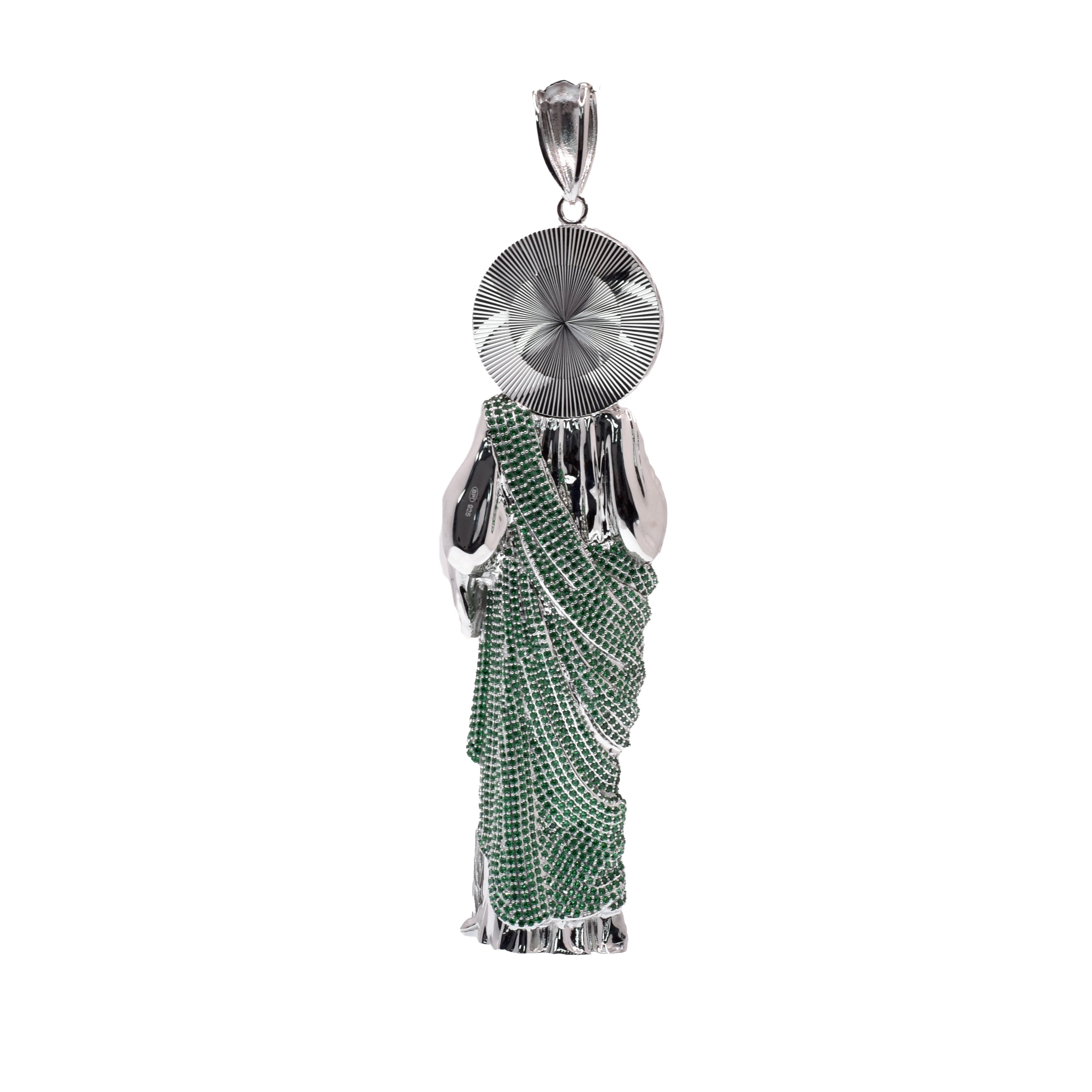 Rhodium Plated 925 Sterling Silver Saint Jude Clear Baguette and Green Round CZ 39mm x 102mm Pendant - GMP00193