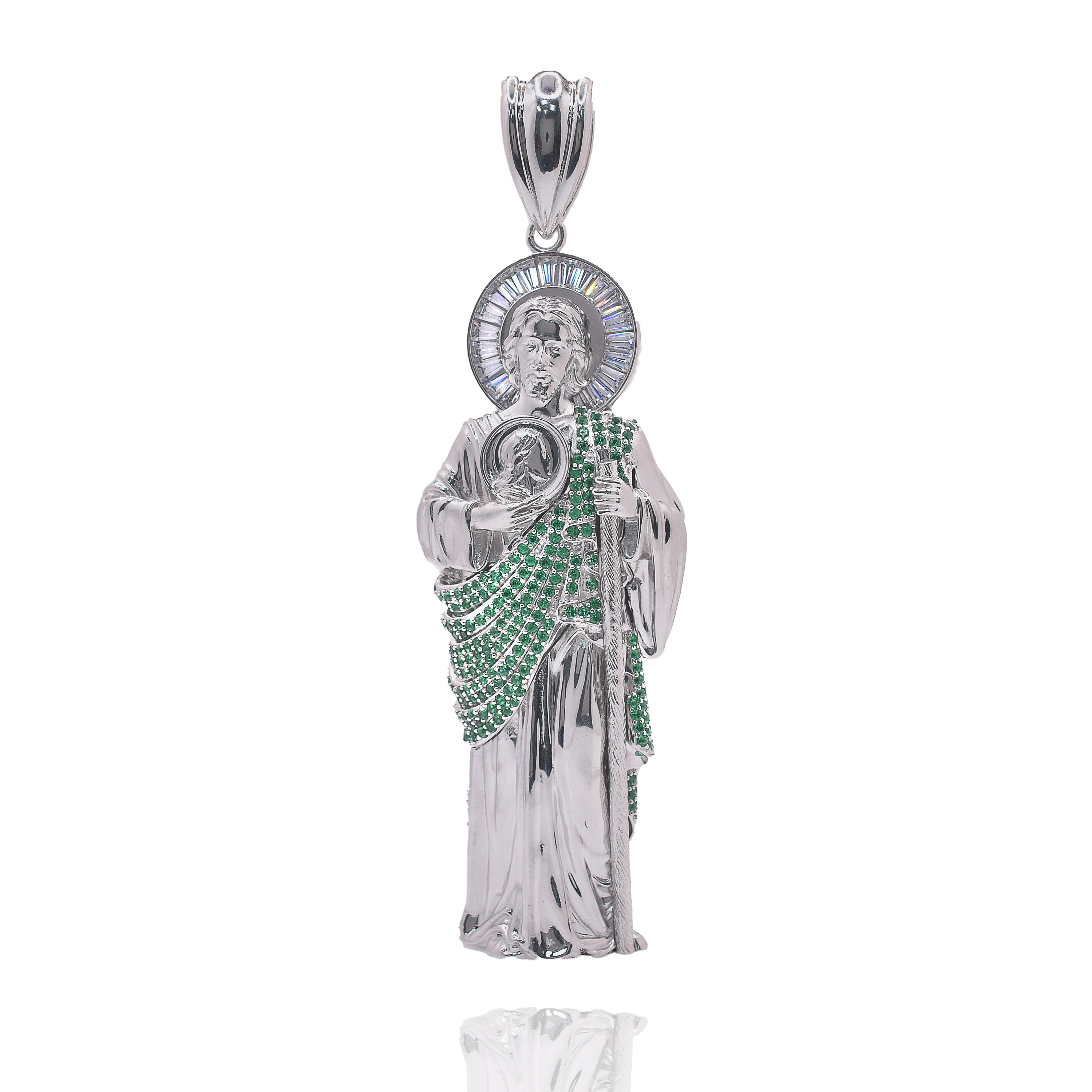 Rhodium Plated 925 Sterling Silver Saint Jude Clear Baguette and Green Round CZ 57.1mm x 177.8mm Pendant - GMP00191
