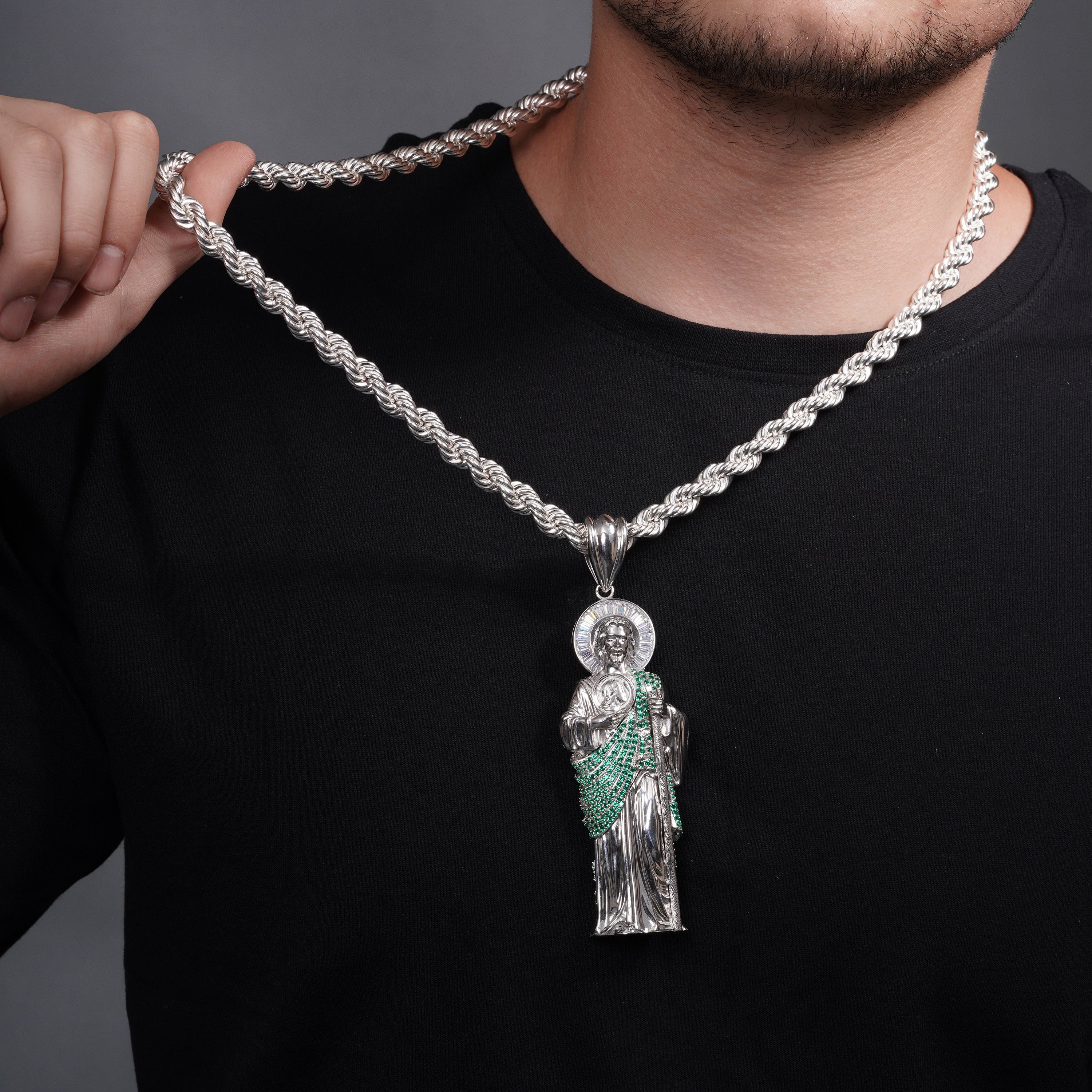 Rhodium Plated 925 Sterling Silver Saint Jude Clear Baguette and Green Round CZ 39mm x 102mm Pendant - GMP00193