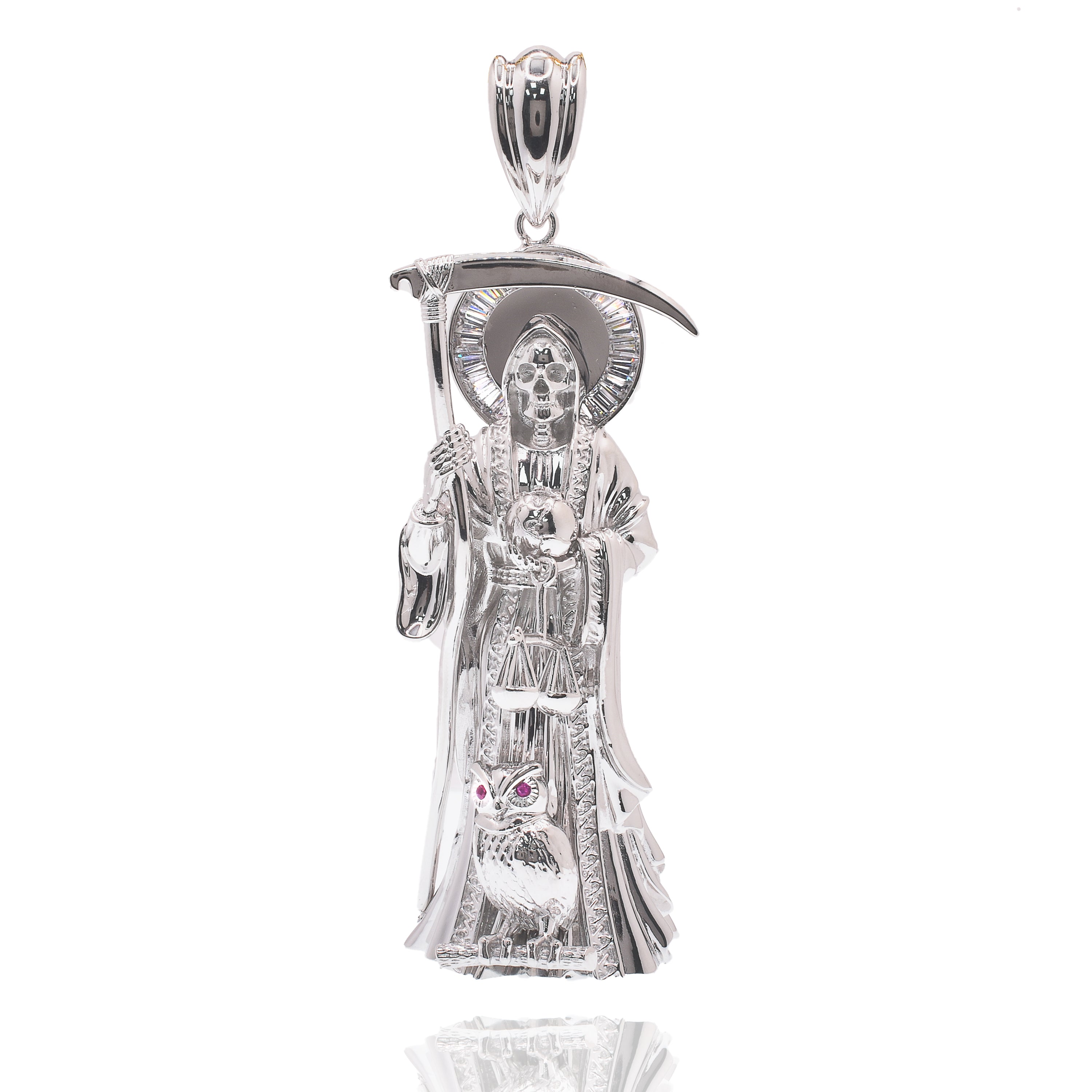 Rhodium Plated 925 Sterling Silver Santa Muerte Baguette Clear CZ 51mm x 140mm Pendant - GMP00195