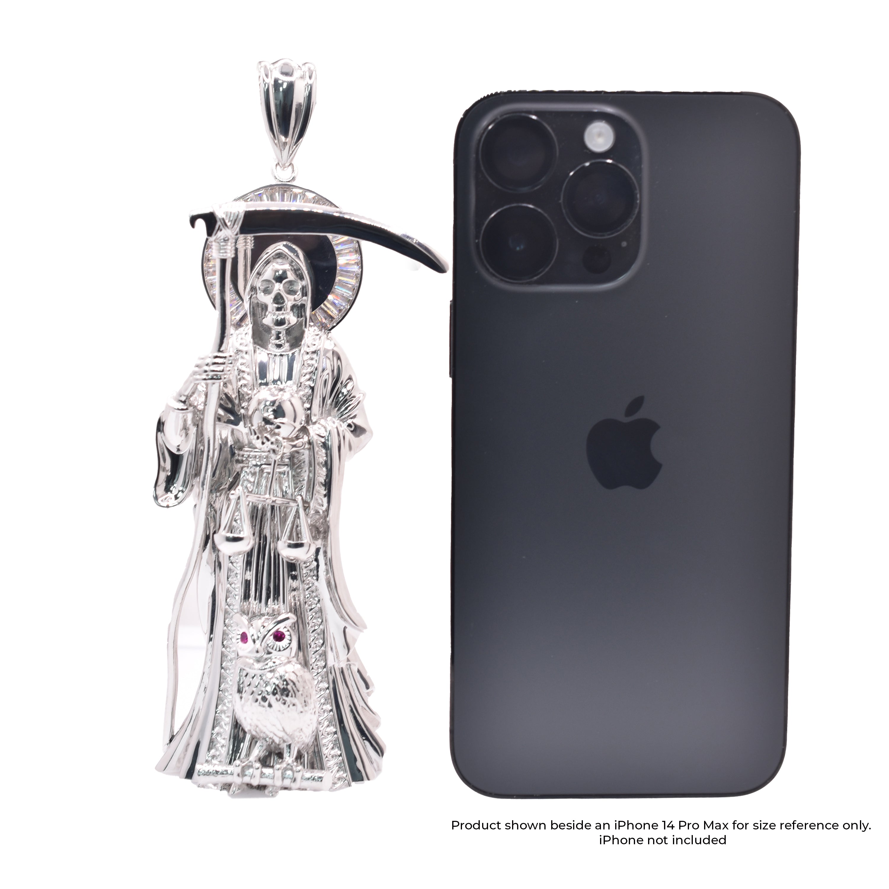 Rhodium Plated 925 Sterling Silver Santa Muerte Baguette Clear CZ 51mm x 140mm Pendant - GMP00195