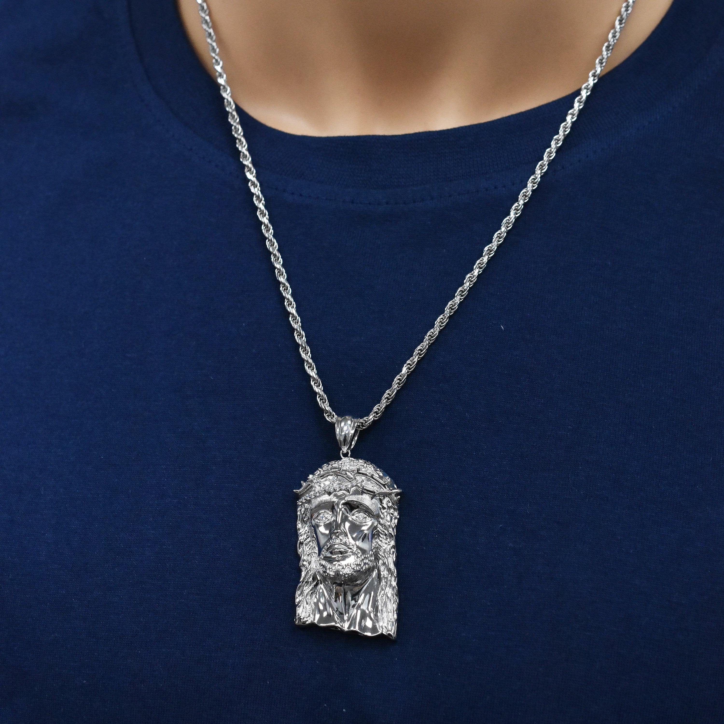 Rhodium Plated 925 Sterling Silver Jesus Christ Clear CZ Eyes 26mm x 46mm Pendant - GMP00203