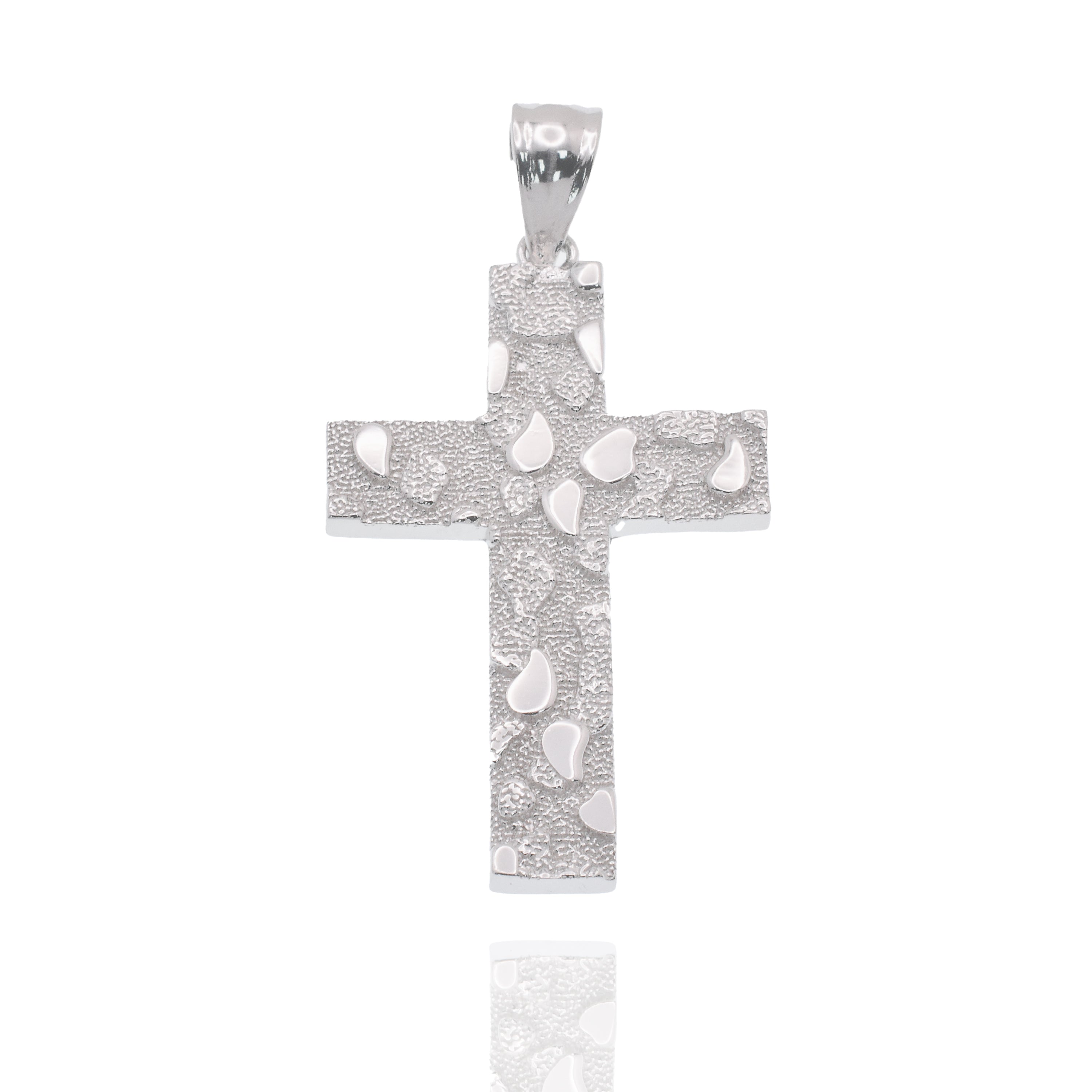 Rhodium Plated 925 Sterling Silver Nugget Cross 23.5mm x 35.3mm Pendant - GMP00208