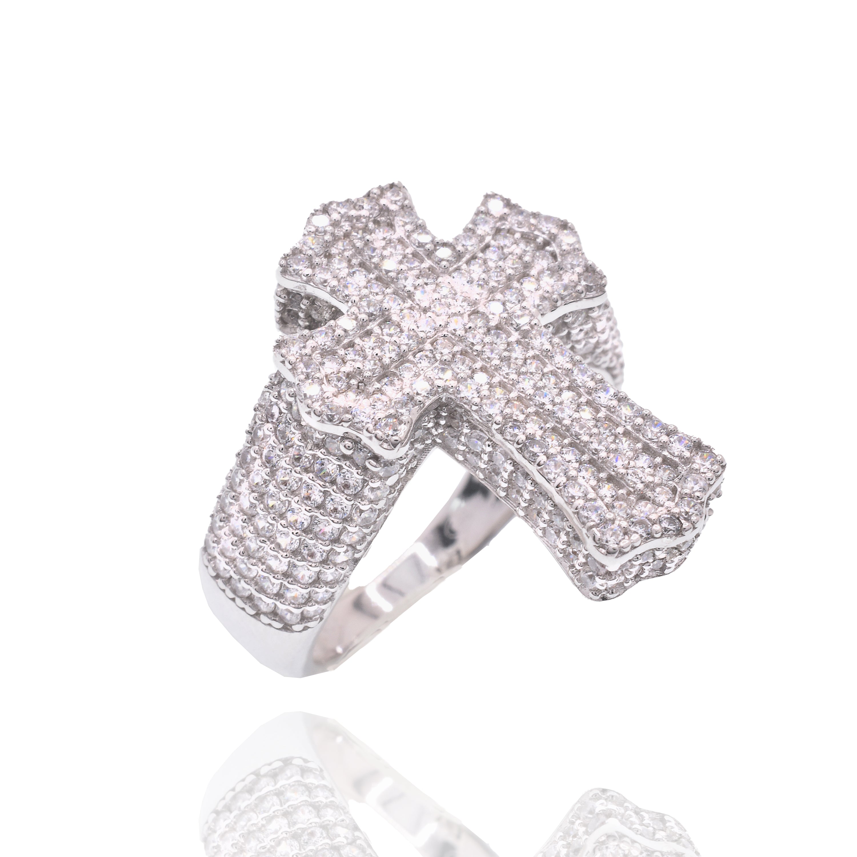 Rhodium Plated 925 Sterling Silver Men's Iced Out Cross Pave CZ Statement Ring - GMR00442