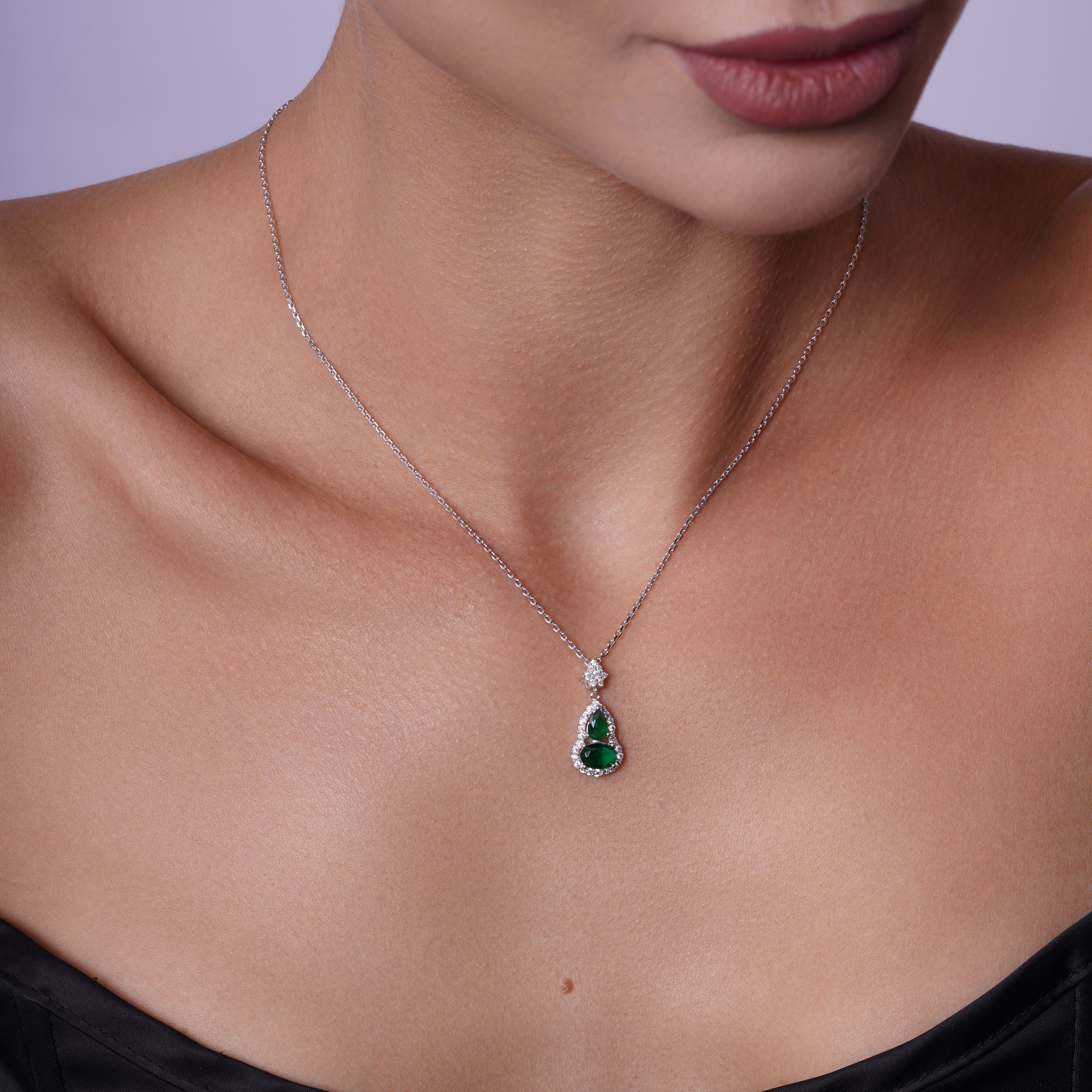 Rhodium Plated 925 Sterling Silver Teardrop & Oval Emerald CZ Earring and Necklace Matching Set - PAS00038