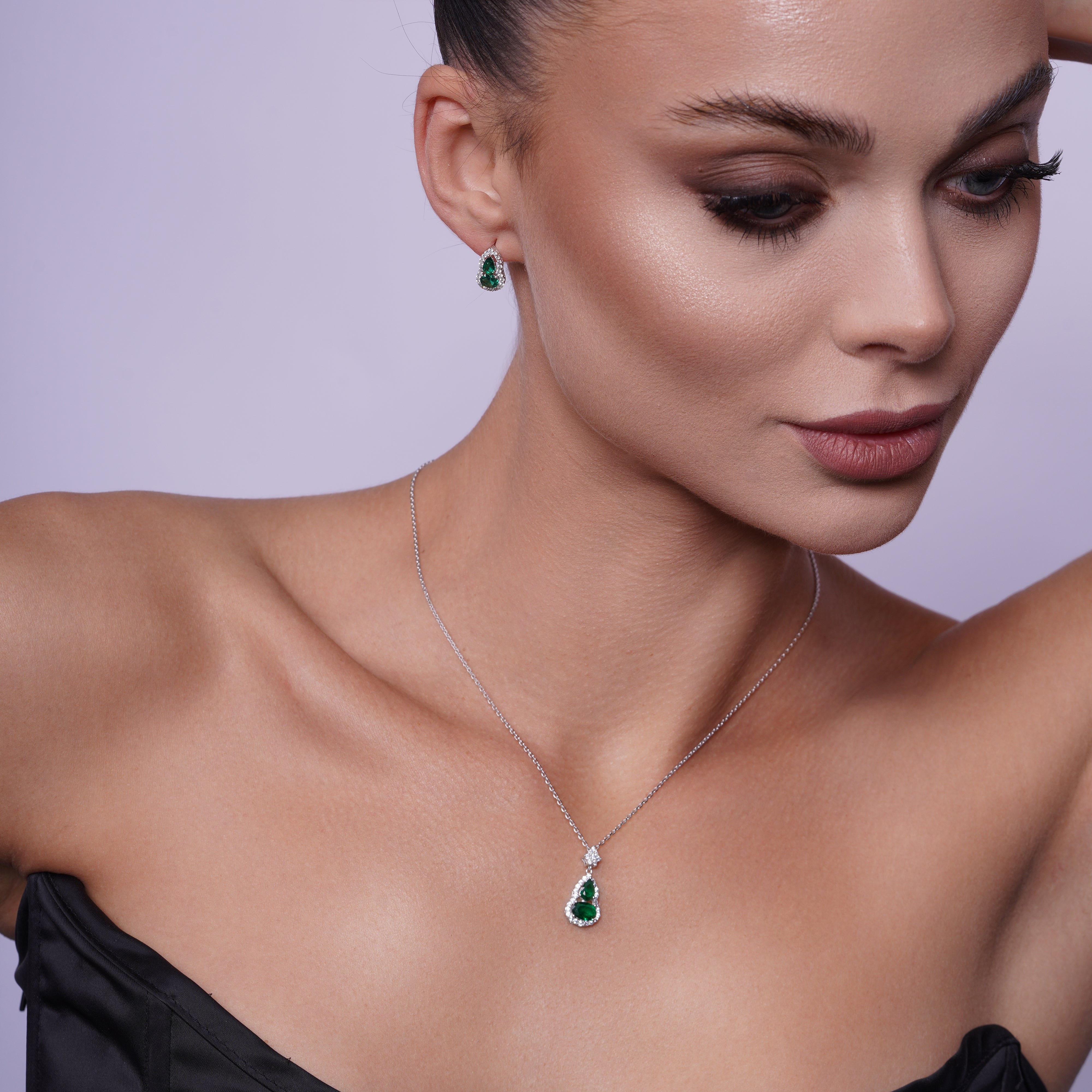Rhodium Plated 925 Sterling Silver Teardrop & Oval Emerald CZ Earring and Necklace Matching Set - PAS00038
