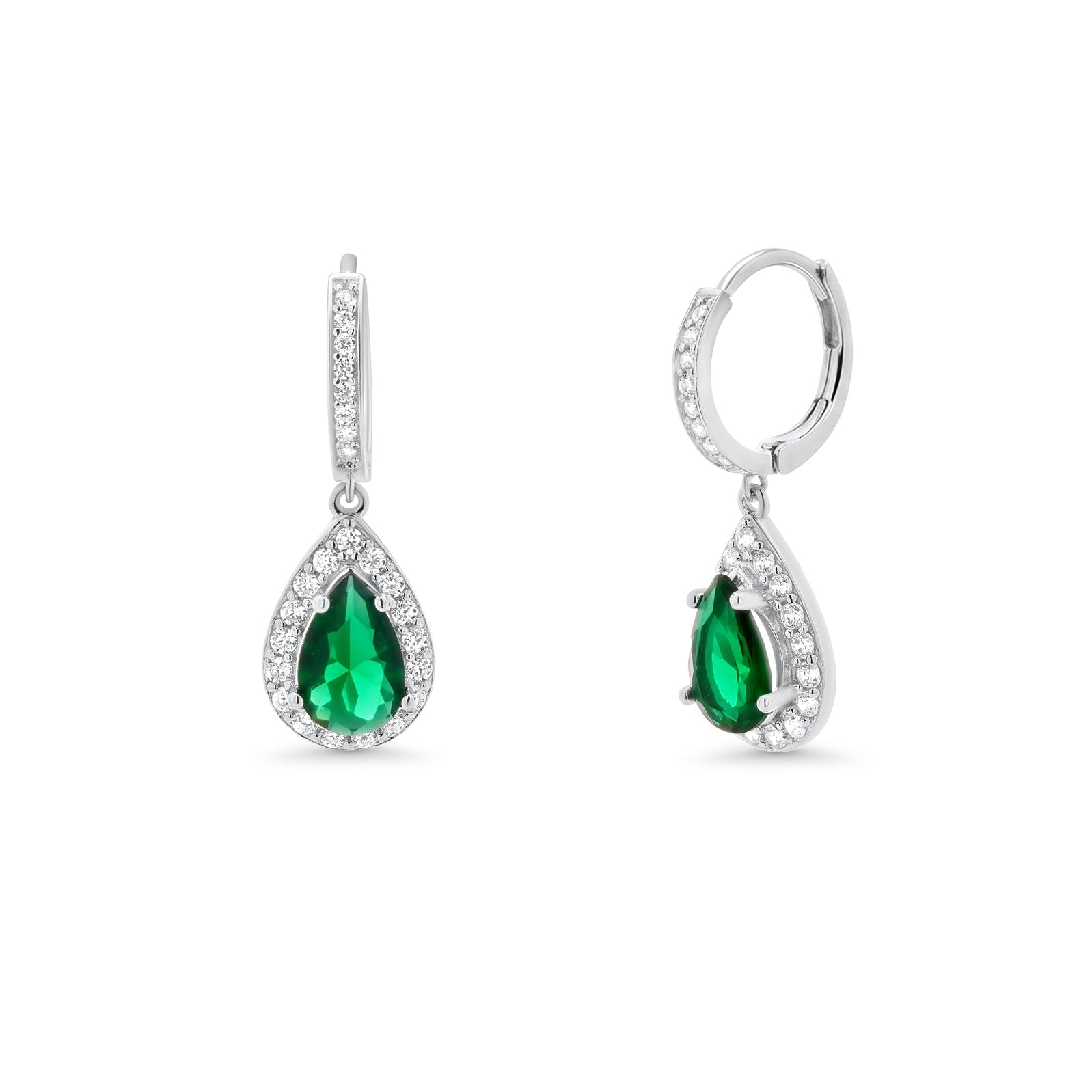 Rhodium Plated 925 Sterling Silver Teardrop Emerald CZ Statement Hoop Earring and Necklace Matching Set - PAS00039