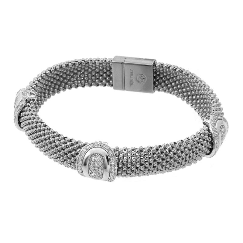 Silver 925 Rhodium Plated Micro Pave Round Oval Clear CZ Beaded Italian Bracelet - PSB00007RH