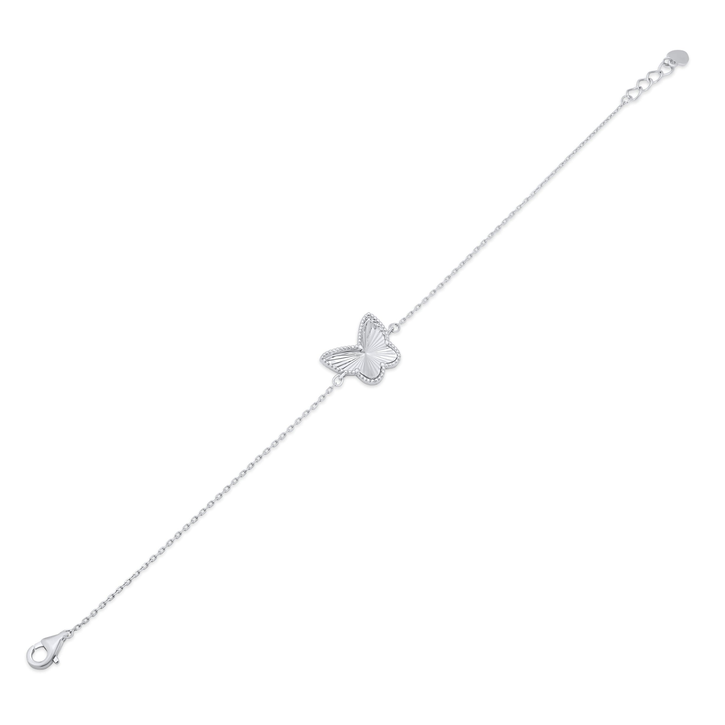 Rhodium Plated 925 Sterling Silver Diamond Cut Butterfly Charm 15.3mm x 12mm Adjustable Bracelet - PXB00002