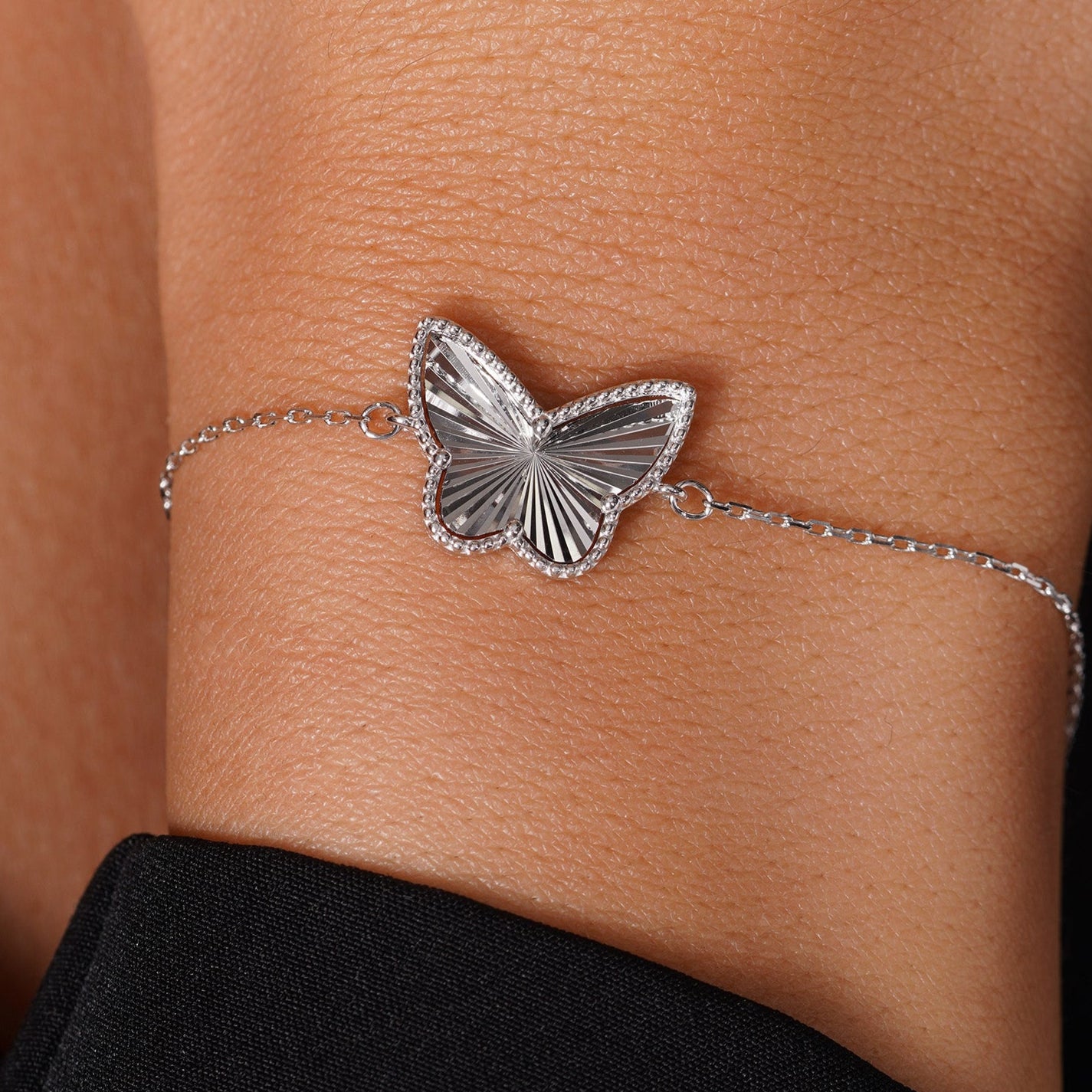Rhodium Plated 925 Sterling Silver Diamond Cut Butterfly Charm 15.3mm x 12mm Adjustable Bracelet - PXB00002