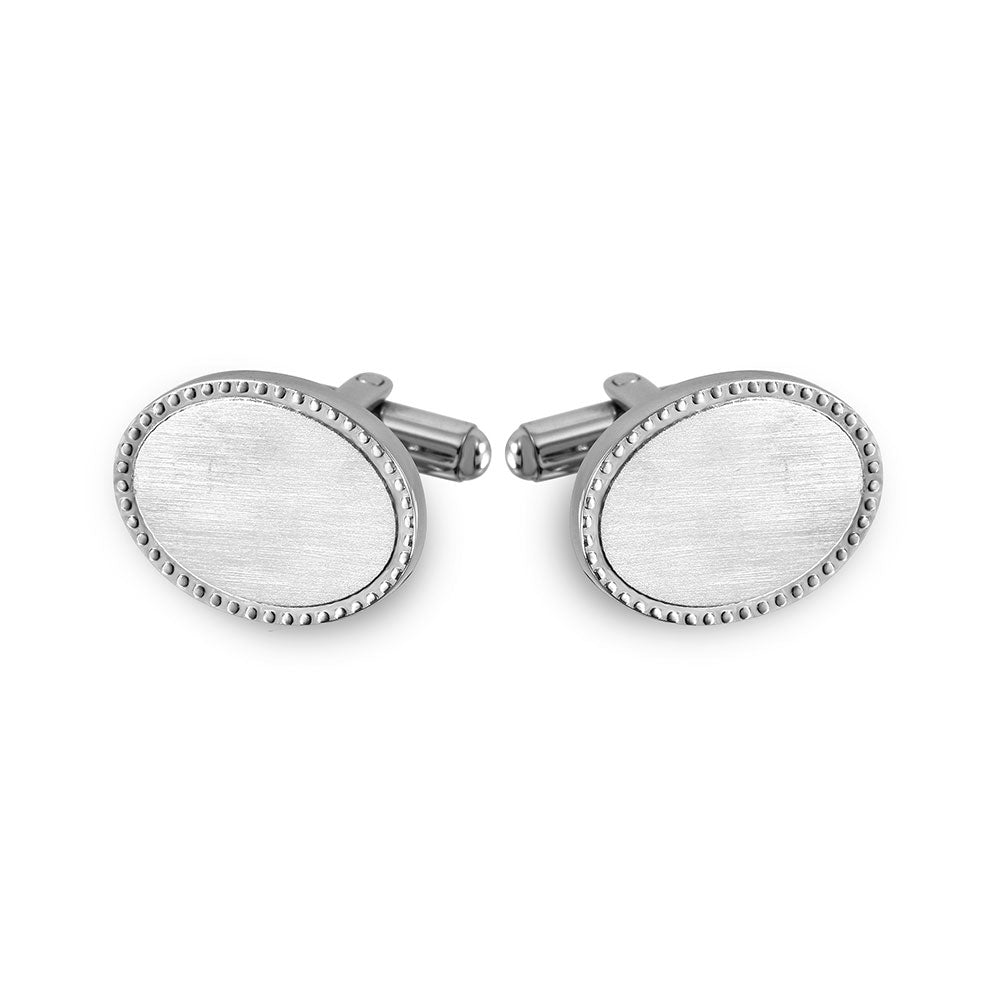 Rhodium Plated Stainless Steel Beaded Oval 15.5mm x 20mm Bullet Back Cufflink - SCU000011