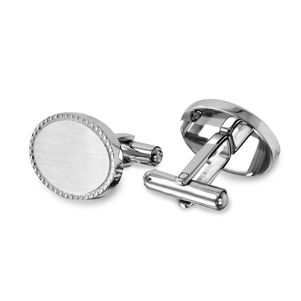 Rhodium Plated Stainless Steel Beaded Oval 15.5mm x 20mm Bullet Back Cufflink - SCU000011
