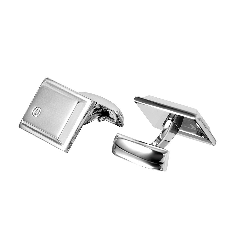 Rhodium Plated Stainless Steel Square Clear CZ 16mm x 20mm Whale Back Cufflink - SCU000012
