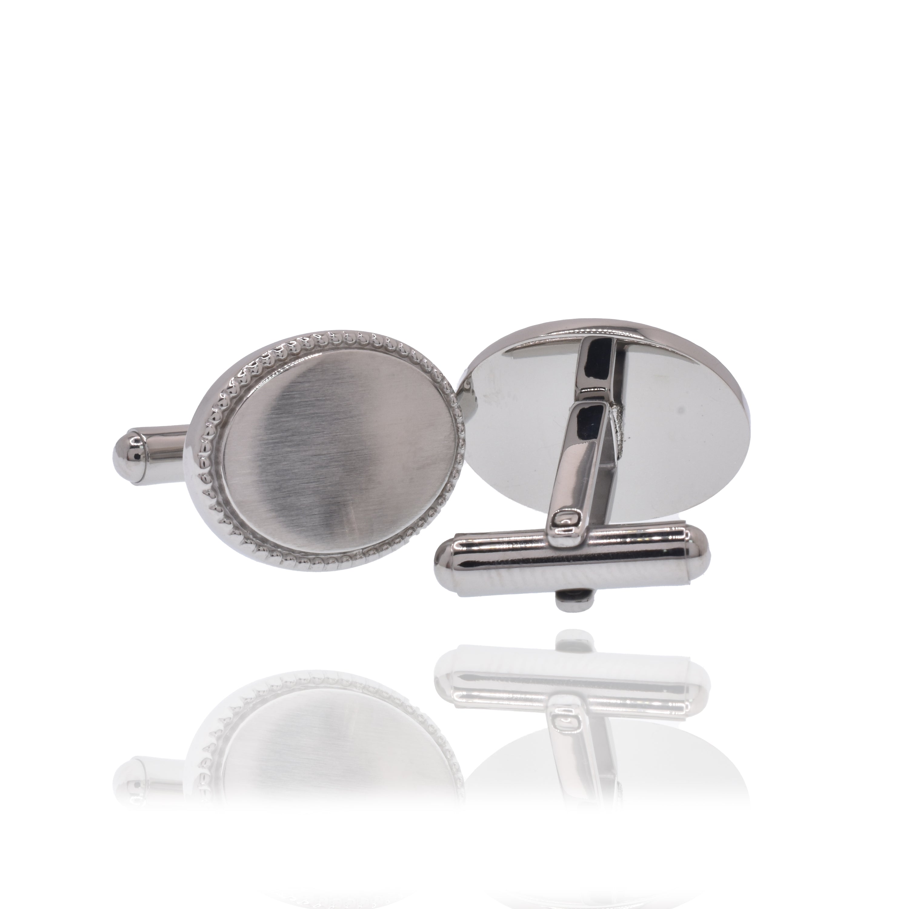 Rhodium Plated Stainless Steel Beaded Oval 15mm x 20mm Bullet Back Cufflink - SCU000017