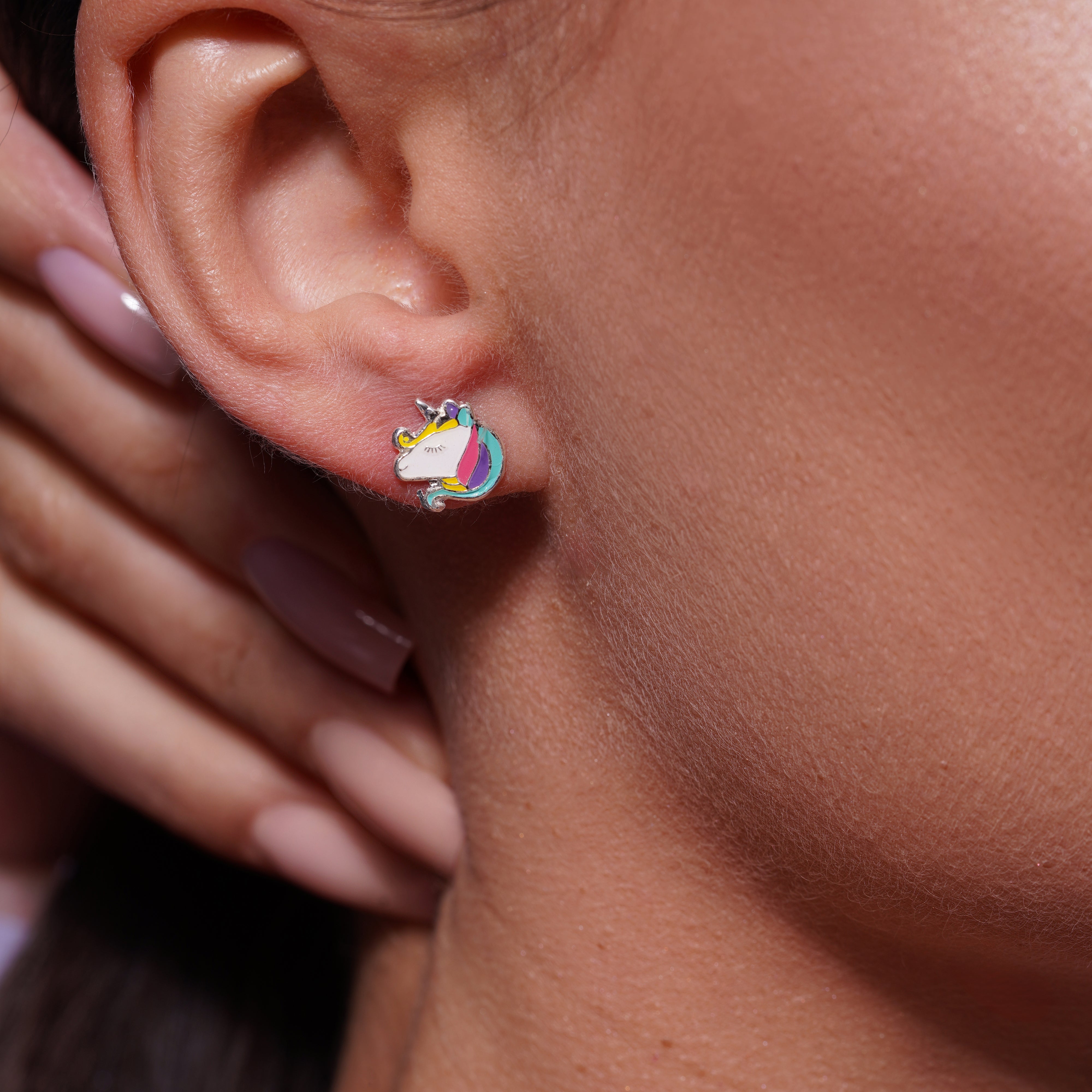 High Polished 925 Silver Multi Color Enamel Unicorn Head Earrings - SIL00008