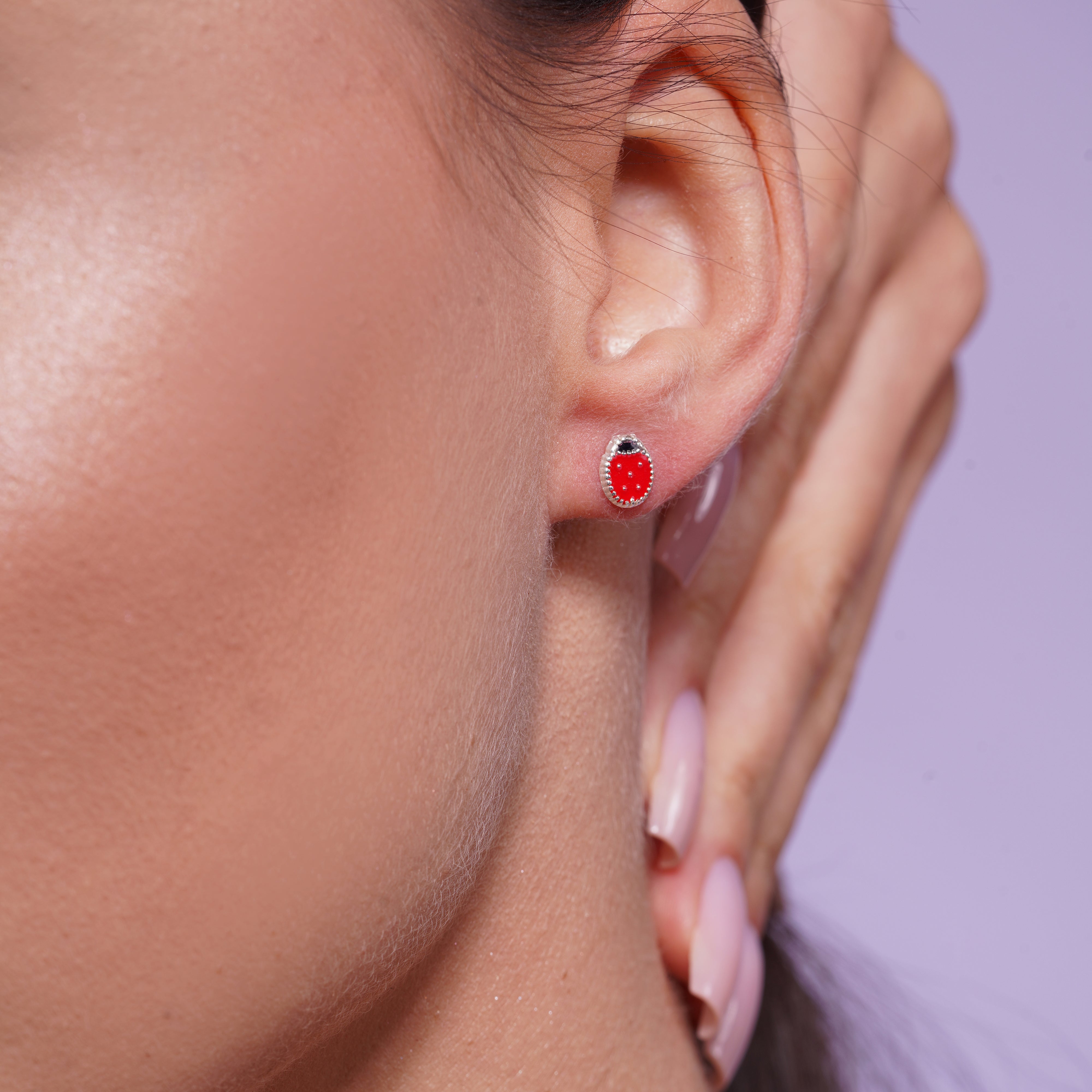 High Polished 925 Silver Enamel Ladybug Earrings - SIL00017