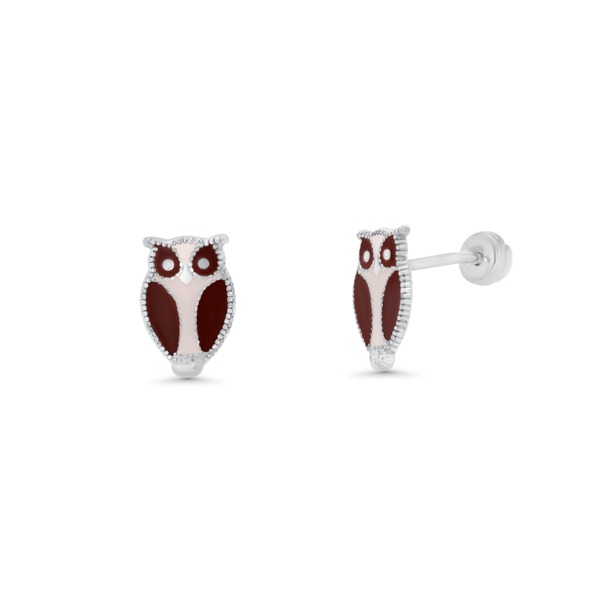 High Polished 925 Silver Enamel Owl Earrings- SIL00018