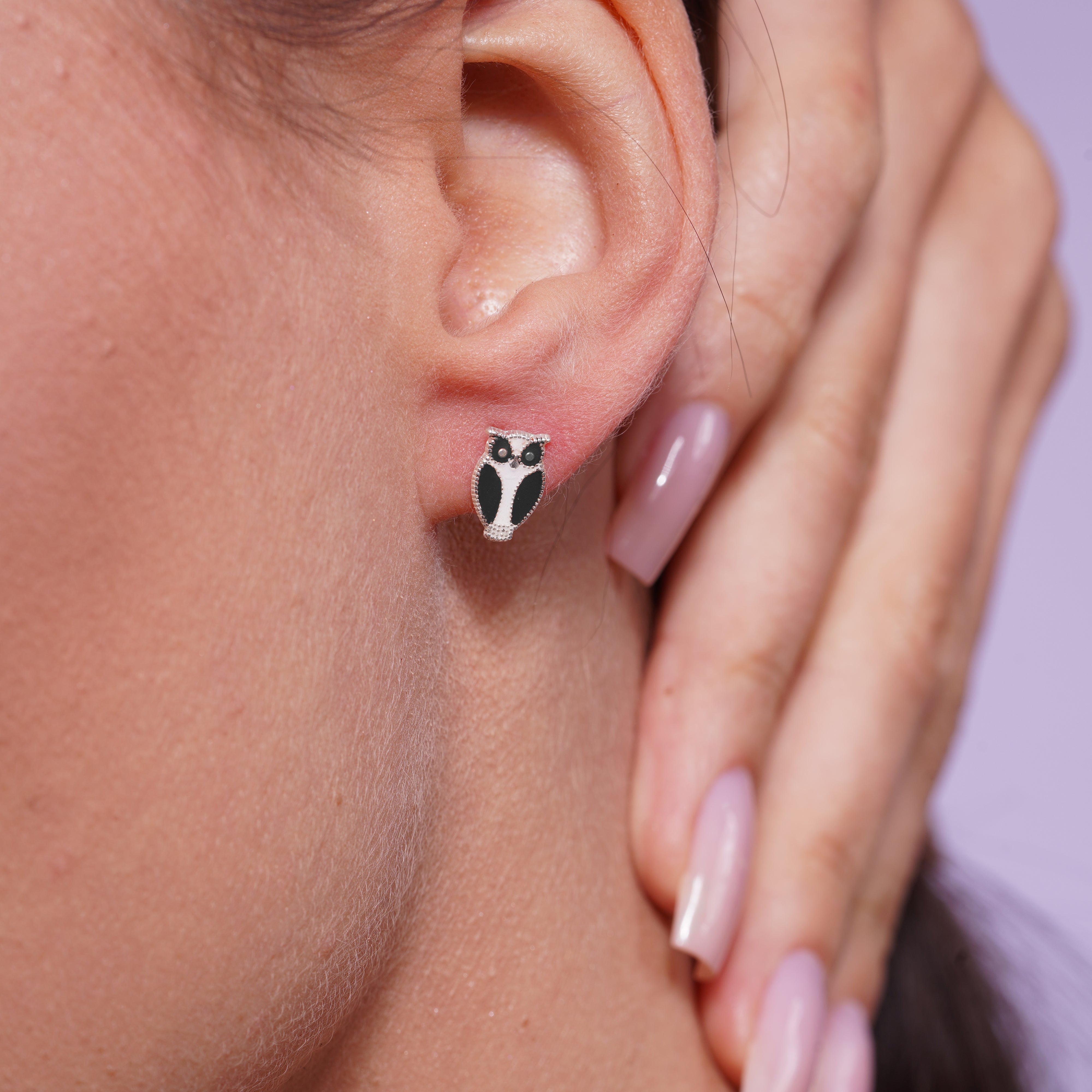 High Polished 925 Silver Enamel Owl Earrings- SIL00018