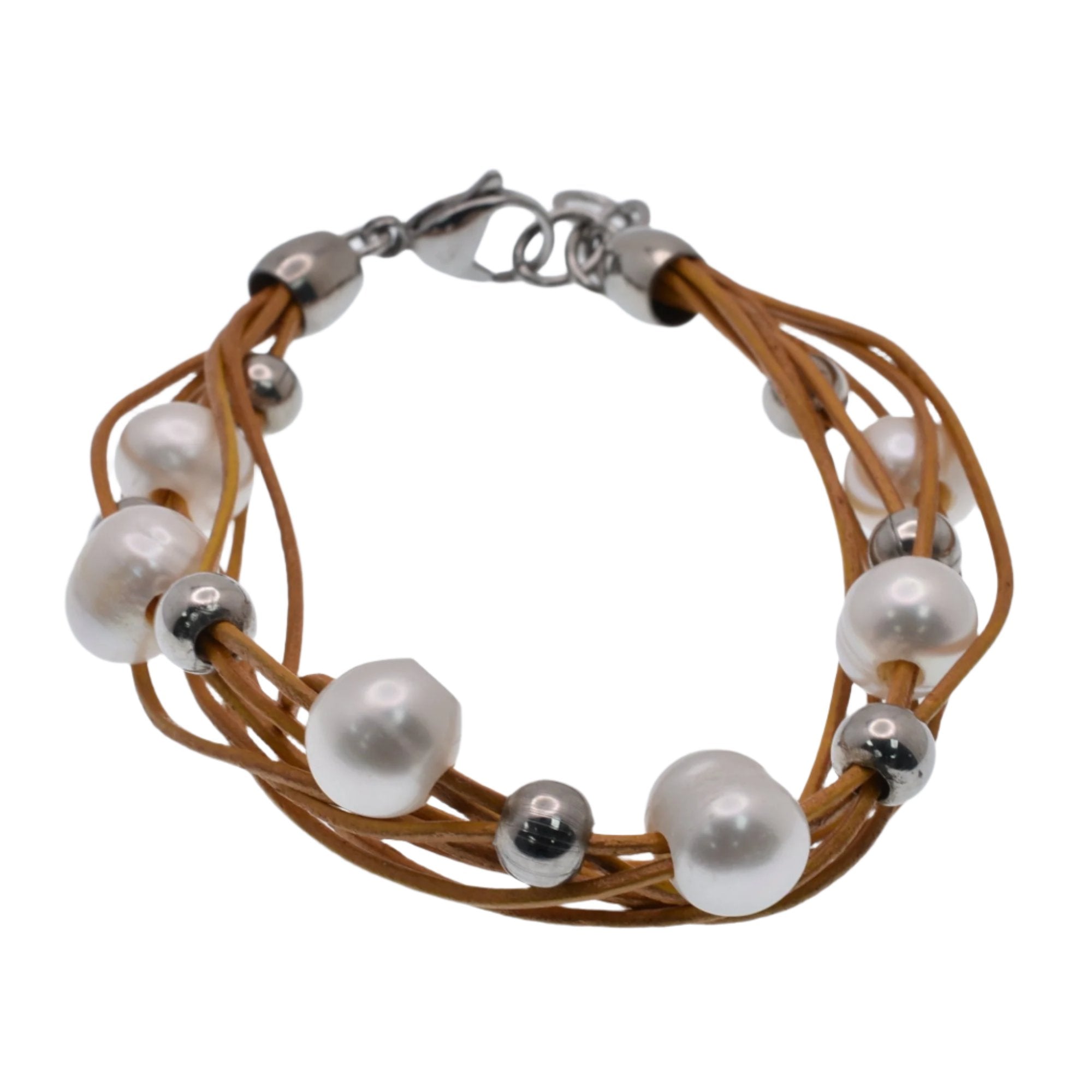 Pulsera ajustable de cuentas de acero inoxidable y nácar sintético - SLB00006