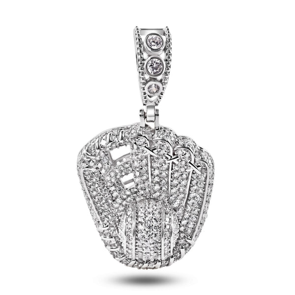 Rhodium Plated 925 Sterling Silver Baseball Gloves Clear CZ Pendant - SLP00170