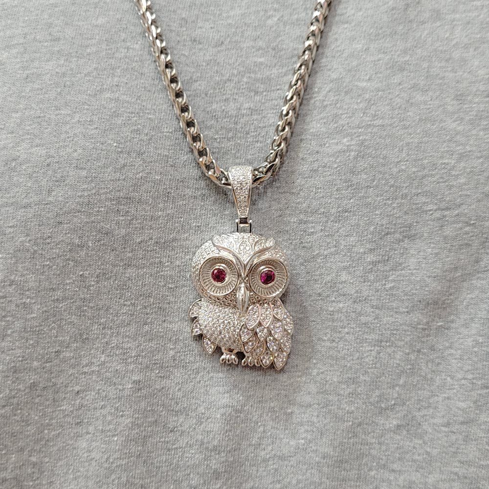 Rhodium Plated 925 Sterling Silver CZ Owl Hip Hop Pendant - SLP00266