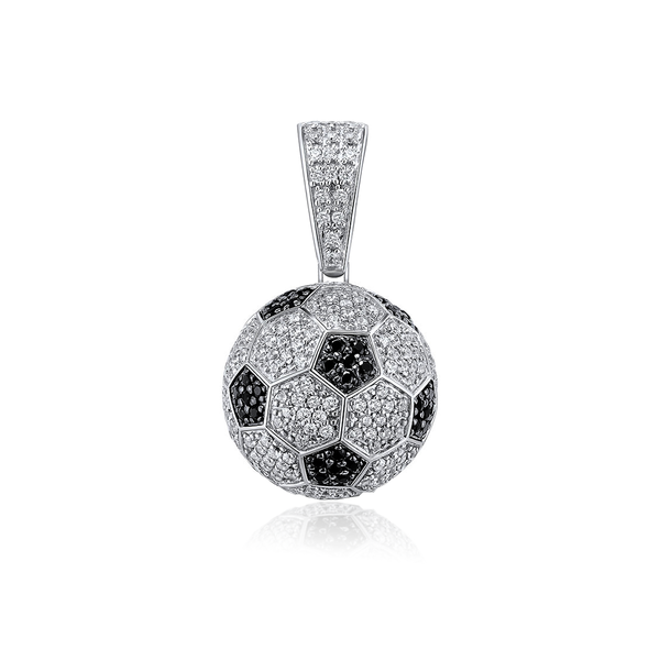 Rhodium Plated 925 Sterling Silver Football Soccer Clear and Black CZ Pendant - SLP00353