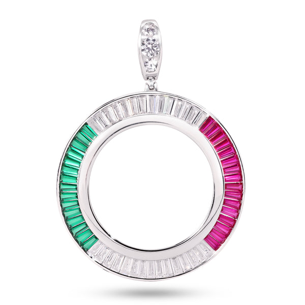 Rhodium Plated 925 Sterling Silver Bezel for Coin Baguette Clear Green and Red CZ Pendant - SLP00356