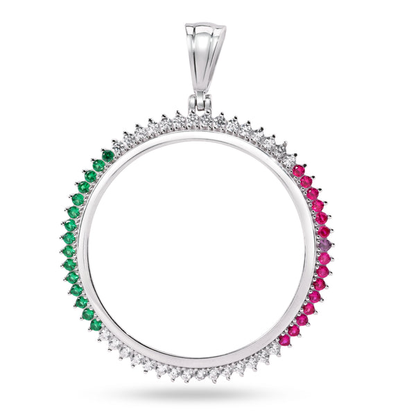 Rhodium Plated 925 Sterling Silver Bezel for Coin Clear Green and Red CZ Pendant - SLP00357