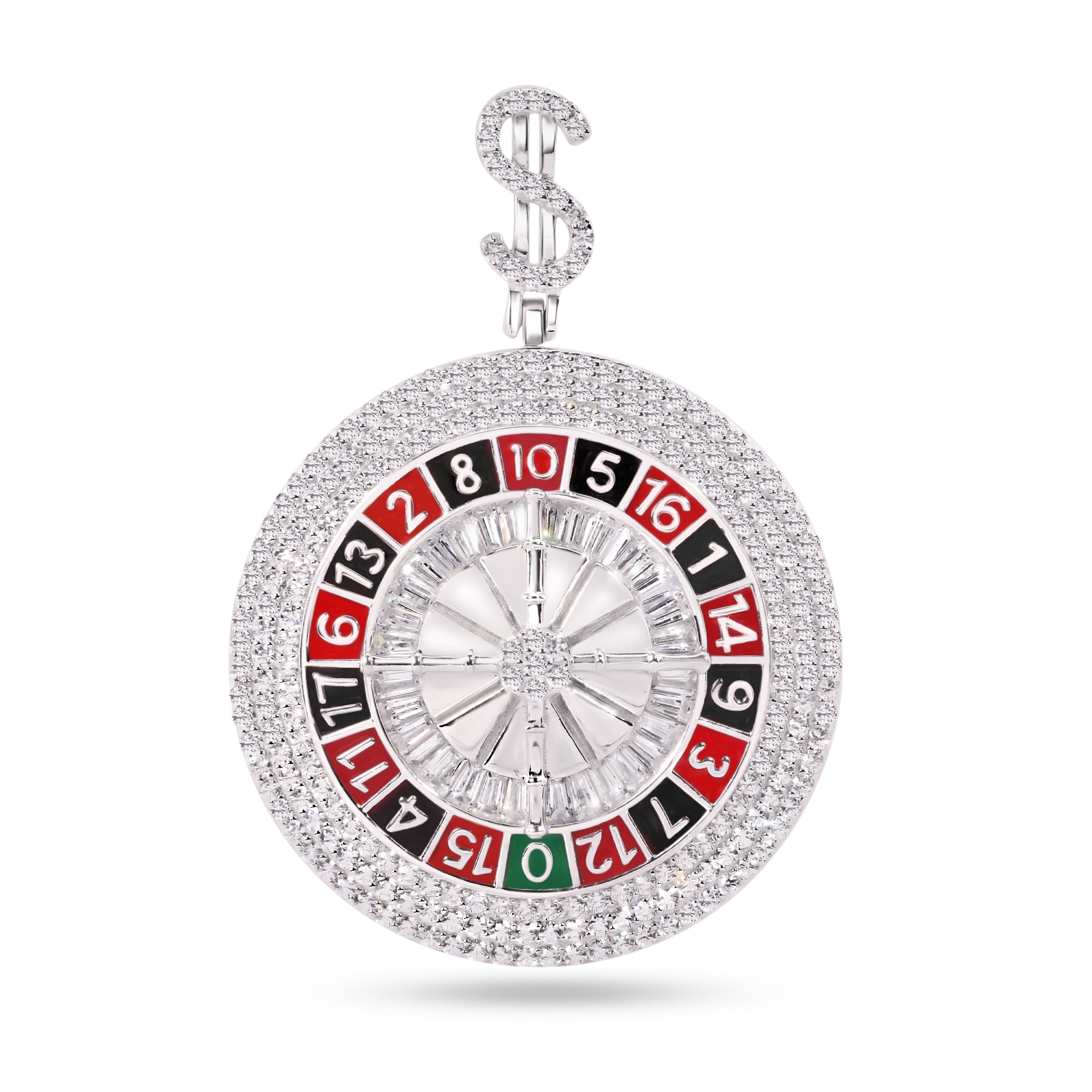 Rhodium Plated 925 Sterling Silver Casino Roulette Clear CZ Enamel Pendant - SLP00362