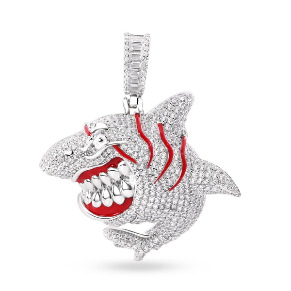 Rhodium Plated 925 Sterling Silver Angry Shark Red Enamel Clear CZ Pendant - SLP00366