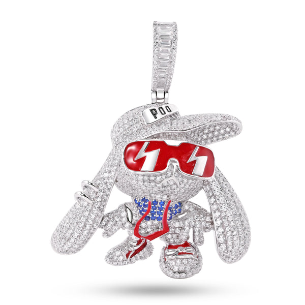 Rhodium Plated 925 Sterling Silver Hip Hop Bunny Clear and Blue CZ Red Enamel Pendant - SLP00369