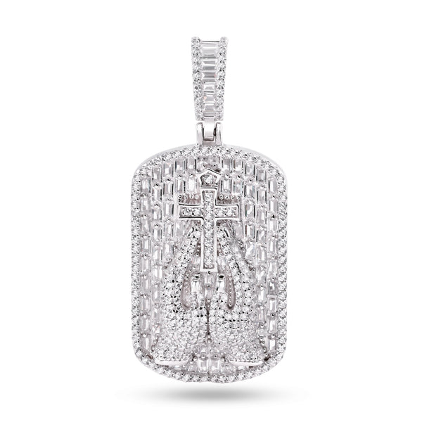Rhodium Plated 925 Sterling Silver Praying Hands Cross Clear CZ Pendant - SLP00371