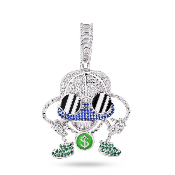 Rhodium Plated 925 Sterling Silver Hip-Hop Black and White Enamel Glasses Clear and Green CZ Pendant - SLP00372