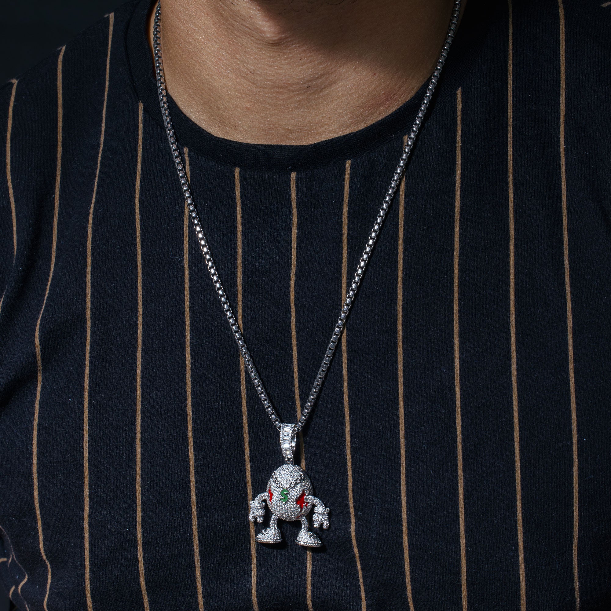 Rhodium Plated 925 Sterling Silver Egg Shaped Hip Hop Clear CZ Red and Green Enamel Pendant - SLP00376