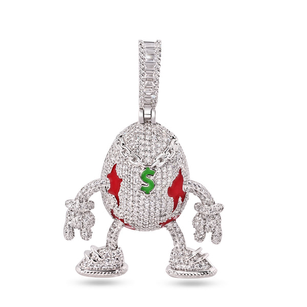 Rhodium Plated 925 Sterling Silver Egg Shaped Hip Hop Clear CZ Red and Green Enamel Pendant - SLP00376