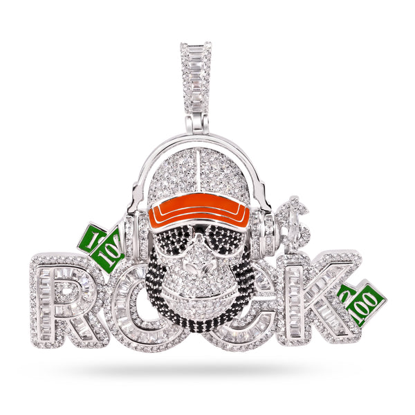 Rhodium Plated 925 Sterling Silver Hip-Hop Rock Monkey Ape Enamel Green and Clear CZ Pendant - SLP00377
