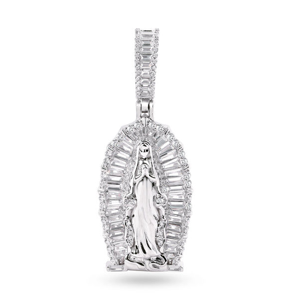 Rhodium Plated 925 Sterling Silver Our Lady Of Guadalupe Baguette Clear CZ 35mm Pendant - SLP00384