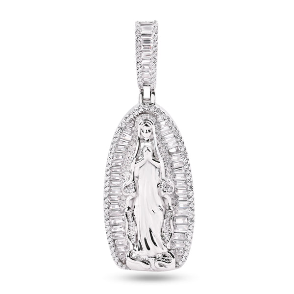 Rhodium Plated 925 Sterling Silver Our Lady Of Guadalupe Baguette Clear CZ 40mm Pendant - SLP00385