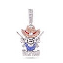 Rhodium Plated 925 Sterling Silver Wild West Skull Guns Wanted Brown Clear Blue CZ Pendant - SLP00386