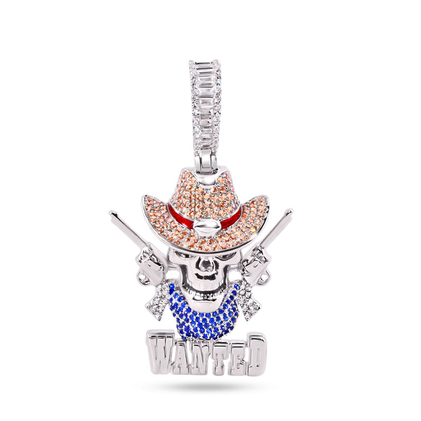 Rhodium Plated 925 Sterling Silver Wild West Skull Guns Wanted Brown Clear Blue CZ Pendant - SLP00386