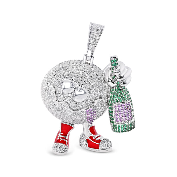 Rhodium Plated 925 Sterling Silver Drunk Wine Bottle Clear Green and Purple CZ Red Enamel Pendant - SLP00395