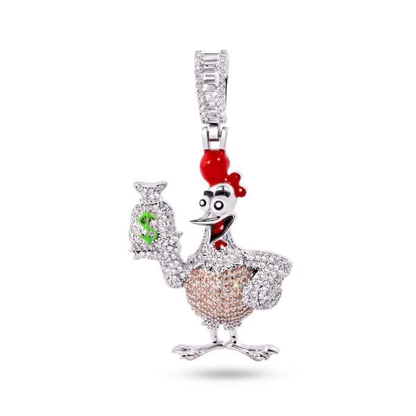 Rhodium Plated 925 Sterling Silver Chicken Money Bag Brown Clear CZ Red and Green Enamel Pendant - SLP00396