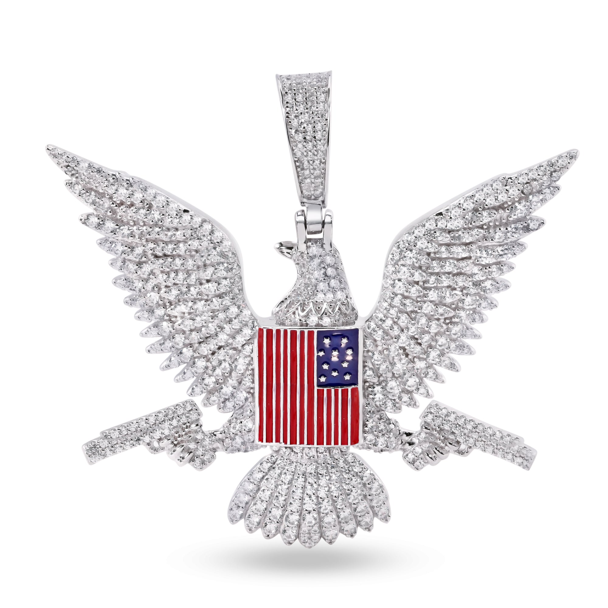 Colgante de plata de ley 925 rodiada con bandera americana de águila y pistola con circonitas transparentes - SLP00400