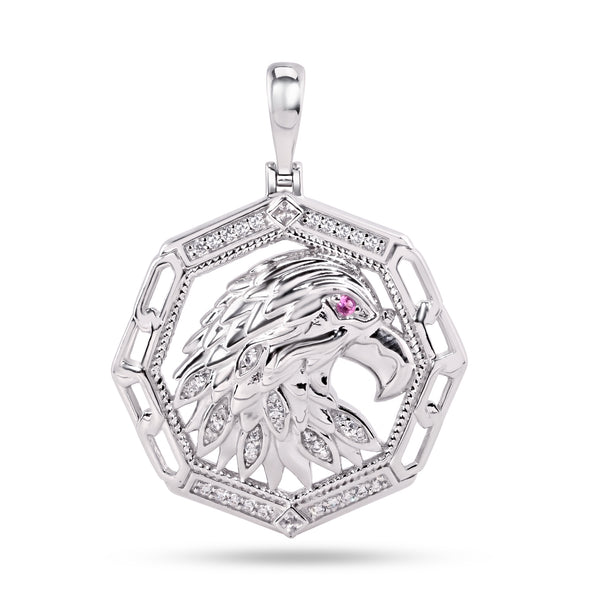 Rhodium Plated 925 Sterling Silver Eagle Purple Eye and Clear CZ Pendant - SLP00404