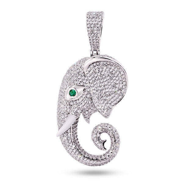 Rhodium Plated 925 Sterling Silver Elephant Green Eye and Clear CZ Pendant - SLP00406