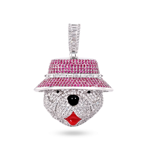 Rhodium Plated 925 Sterling Silver Bear Hat Clear and Pink CZ Red Enamel Tounge Pendant - SLP00411