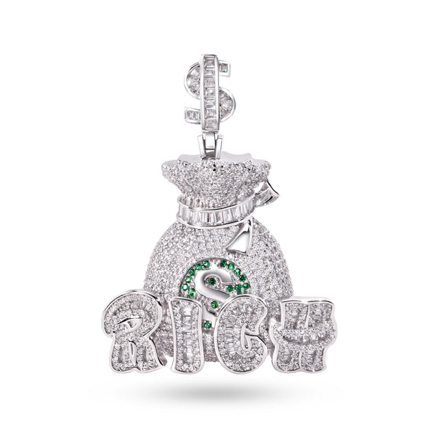 Rhodium Plated 925 Sterling Silver Money Bag Rich Clear and Green CZ Dollar Sign Vale Pendant - SLP00413